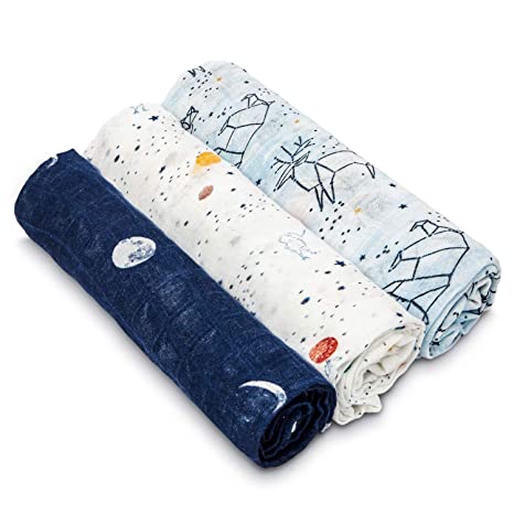aden + anais Silky Soft Swaddle Blanket, 100% Bamboo Viscose Muslin Blankets for Girls & Boys, Baby Receiving Swaddles, Ideal Newborn & Infant Swaddling Set, 3 Pack, Stargaze