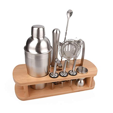 Home Cocktail Bar Set by Cresimo - Brushed Stainless Steel 12 Piece Professional Bar Tool Kit - 100% GUARANTEE AND WARRANTY. Includes Martini Shaker, Muddler, Jigger, Bamboo Wood Stand and More!