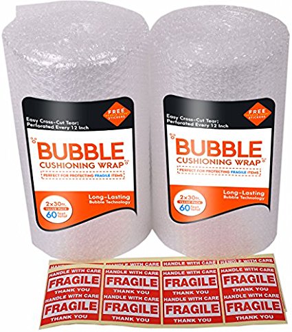 2-Pack Bubble Cushioning Wrap Rolls for Heavy-Duty Packing (3/16", 12" x 60 ft Total), Easy-To-Tear 12" Sheets, Plus Free 16 'Fragile, Handle with Car