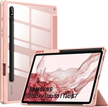 MoKo Case for Samsung Galaxy Tab S8 11" 2022 (SM-X700/SM-X706)/Tab S7 11" 2020 Case with S-Pen Holder, Tablet Trifold Cover Case Transparent PC Back Shell with Back Pen Slot/Auto-Wake, Rose Gold