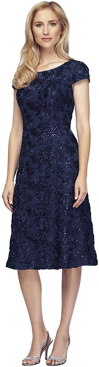 Alex Evenings Women's Tea Length Dress with Rosette Detail (Petite and Regular)