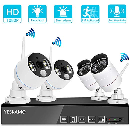 YESKAMO [Floodlight & Audio] Wireless CCTV Camera Systems with Audio 1080P 8CH NVR Recorder w/ 2x Floodlight Camera & 2x Wifi Camera for Outdoor Home Security with 2 Way Audio, Motion Activated Alert
