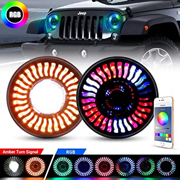 LED RGB Headlight with Amber Turn Signal, SUPAREE 7 Inch Round Halo LED Headlight Fits 1997~2018 Wrangler JK TJ LJ with Remote Control 120W 12000LM High Low beam-2PCS