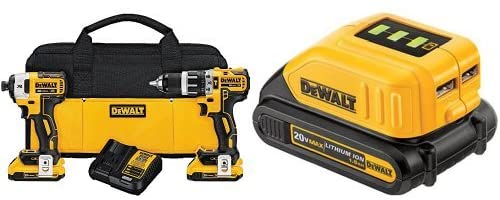DEWALT DCK287D2 20V MAX XR Li-Ion 2.0Ah Brushless Compact Hammer drill and Impact Driver Combo Kit with USB Power Source