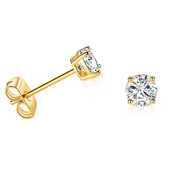 Solid 14k Yellow Gold Solitaire Round Cubic Zirconia CZ Stud Earrings with 14k Gold Butterfly Push Backings