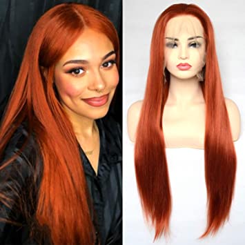 BLUPLE Long Straight Lace Front Wigs #360 Copper Red Natural Heat Resistant Ginger Orange Red Synthetic Hair Half Hand Tied Wigs for Cosplay Daily Wear (22 inches, Straight,Copper Red)