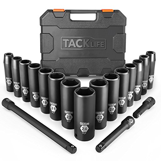 Drive Impact Socket Set, Tacklife 18pcs 1/2-inch Drive Deep Impact Socket Set, 6 Point, 10 - 24mm, 15pcs Metric Sockets with 3pcs 1/2-Inch Drive Impact Extension Bar Set - HIS1A