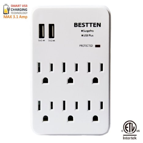 Bestten Multi-Functional Wall Tap, 6 Outlets and 2 USB Charging Ports (2.4A/Port, 3.1A Total) with Surge Protector, ETL Listed
