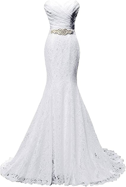 SOLOVEDRESS Women's Beaded Pleat Lace Wedding Dress Mermaid Bridal Gown with Sash