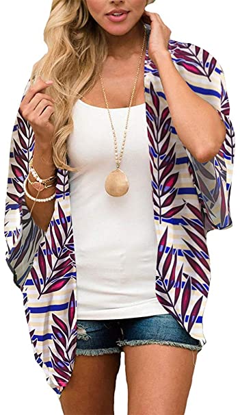 Women's Floral Print Puff Sleeve Kimono Cardigan Loose Cover Up Casual Blouse Tops