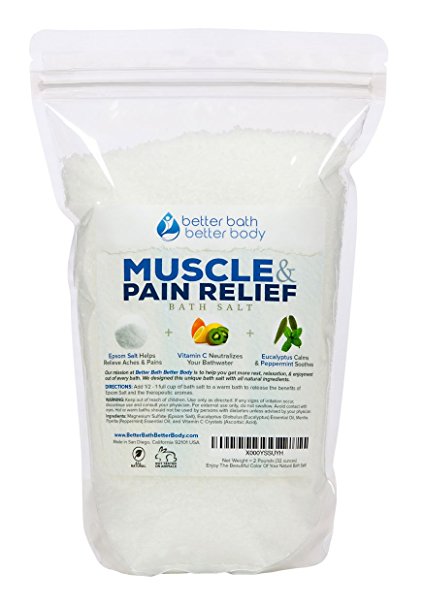 Muscle & Pain Relief Bath Salt 2-Lbs (32 Ounces) - Epsom Salt Bath Soak With Eucalyptus & Peppermint Essential Oil & Vitamin C - Natural No Perfume & Dyes - Relieve Aches & Joint Pains