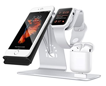 Bestand 3 in 1 Aluminum Apple iWatch Stand, Airpods Charging Station, Qi Fast Wireless Charger Dock for iPhone 7 /6s Plus Samsung S8 and other Qi-Enabled Devices, (Silver)