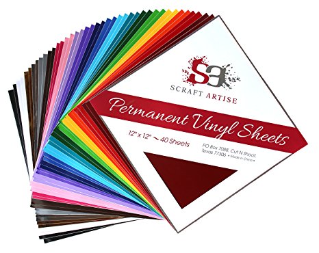 Scraft Artise 12x12 (40 Pack) Permanent, Adhesive Backed, Craft Vinyl Sheets in Matte and Glossy, (2 Each) Assorted Multi Color for Outdoor and Indoor Use, Make Monograms Stickers Decals and Signs