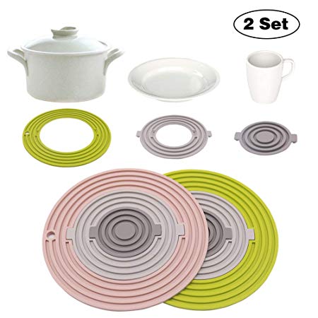 3-in-1 Silicone Trivet, Set of 2, Upgraded Collapsible Countertop Trivet Pads, Silicone Potholders, Non Slip Coasters, Dish Drying Mat, Kitchen Hot Pads for Cup, Plate and Pan(Large Size:Pink&Green)