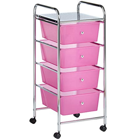 VonHaus 4 Drawer Storage Trolley | For Home Office Stationery and Organisation or Salon, Make-up, Hairdressing & Beauty Accessories | Mobile Design with 4 Tier Shelving and Castor Wheels | Pink