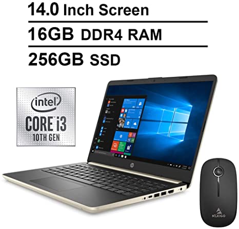 2020 Newest HP Pavilion 14 Inch Laptop (10th Gen Intel Core i3-1005G1 (Beats i5-7200U), 16GB RAM, 256GB SSD, Webcam, Windows 10 Home) (Gold)   NexiGo Wireless Mouse Bundle