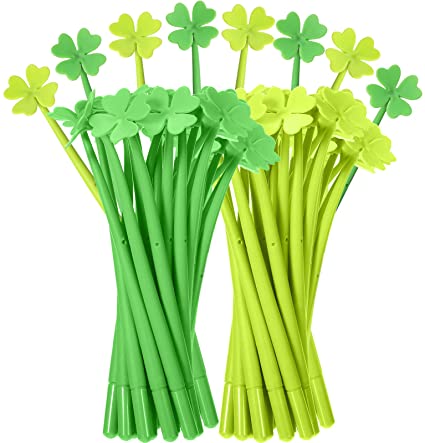 St Patrick's Day Pens Cute Ballpoint Pens Green Four Leaf Clover Shamrock Pens 0.5 mm Black Gel Ink Rollerball Pens, St Patrick's Day Party Favor School Office Supplies (16 Pieces)