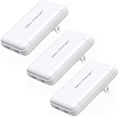 USB Charger, OKRAY 3Pack Foldable 2-Port Extra Slim Power Adapter Portable & GaN Charging Block, Dual USB-A Fast Phone Charger with Foldable Plug Compatible for iPhone/iPad, Samsung Galaxy (White×3)