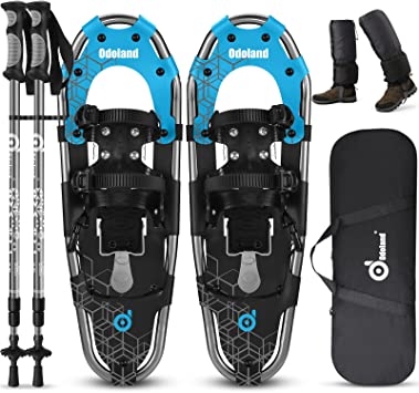 Odoland 4-in-1 Snowshoes for Men Women Youth Kids with Trekking Poles, Waterproof Snow Leg Gaiters and Carrying Tote Bag, Lightweight Snow Shoes Easy to Wear Aluminum Alloy, Size 21''/25''/30''