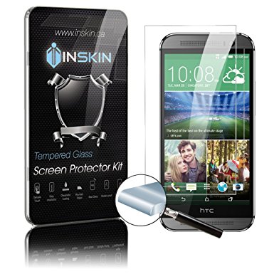 Inskin Ultra Slim 0.3mm HD Tempered Glass Screen Protector kit for HTC® M8 / HTC® One M8 (2014 model). Polished edges. Oleophobic coating. 9H Hardness. Inskin Retail Packaging.