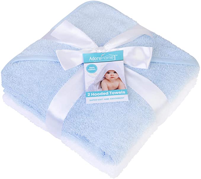 2 x Hooded Baby Towel Soft 100% Cotton Bath Wrap Pack of Two Towels, Blue & White