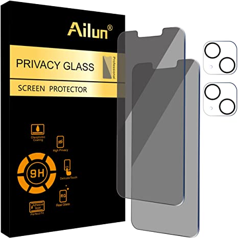 Ailun 2Pack Privacy Screen Protector Compatible for iPhone 13[6.1 inch]   2 Pack Camera Lens Protector,Tempered Glass Film,[9H Hardness] - HD [Black]