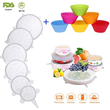 AUBBC Silicone Stretch Lids 18 PCS, Silicone Microwave Set with 6 Reusable BPA free Lids of Various Sizes and 12 Multicolor Silicone Cupcake Baking Cups, keeping Food Fresh and Dishwasher safe