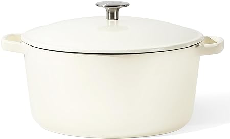 CAROTE 6Qt Enamel Cast Iron Dutch Oven With Lid Oven Safe Up to 500°F-Wide Flat Cooking Surface-Large Handle-Metal Knob-Sealed Lid Locking in Nutrients and Easy Cleaning-Cream