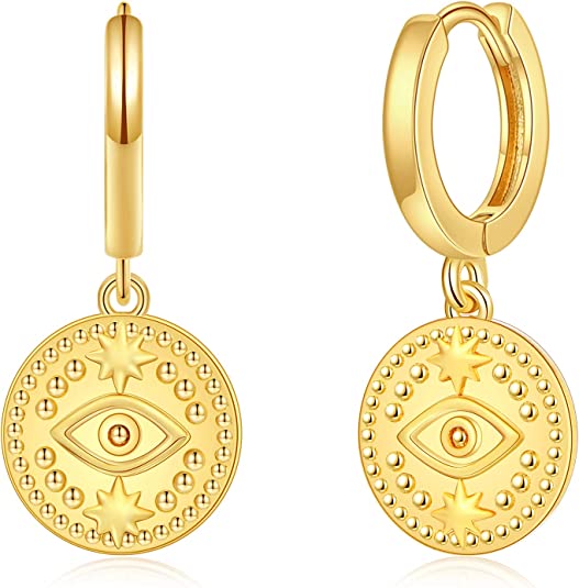 Evil Eye Coin Hoop Earrings Dangle 14K Gold Plated Cubic Zirconia Disc Hoop Earring Small Pendant Hypoallergenic Huggie Hoop Earrings Jewelry Gift for Women