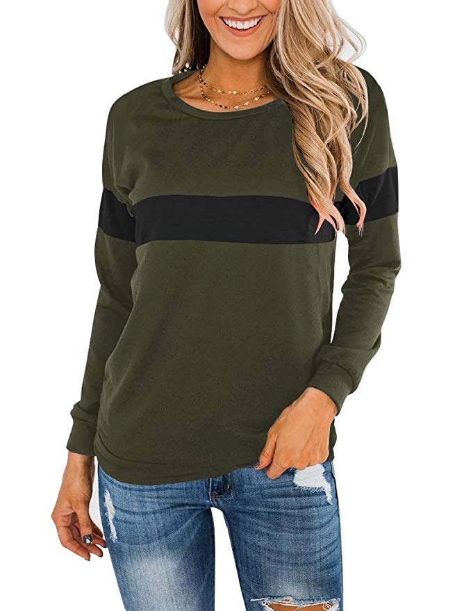 Minthunter Women's Long Sleeve T Shirt Causal Round Neck Pullover Color Block Tunic Tops