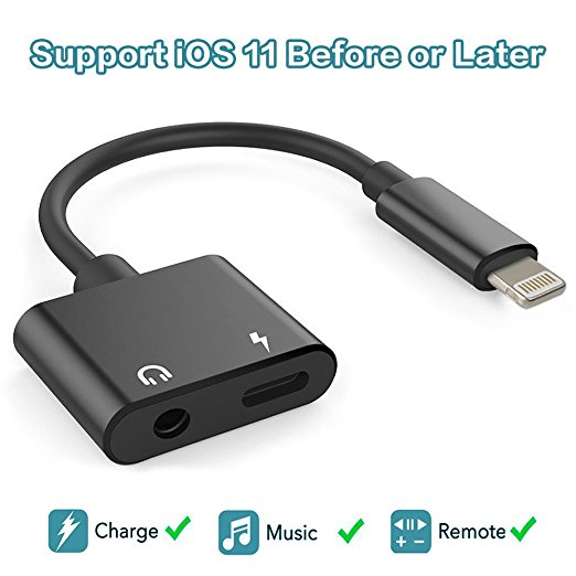 iPhone adapter, Lightning to 3.5mm Headphone Adapter, Lightning Charge & Audio Splitter For iPhone 7/7Plus/8/8plus/X, Support Non-Apple Original Headset Support iOS 11 or before-No Calling Function