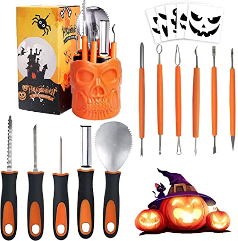 Pumpkin Carving Kit, Includes 11 Pcs Stainless Steel As a Carving Set for Pumpkin Halloween Decoration Kit Easily Sculpting Jack-O-Lanter Halloween Set - with a Skull Storage Carrying Bucket