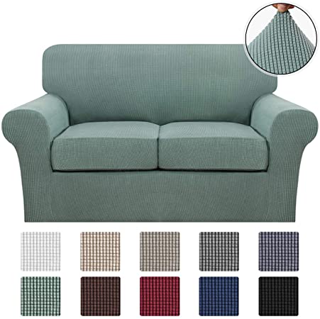 Turquoize 3 Piece Stretch Sofa Covers Loveseat for 2 Cushion Couch Covers Slipcovers Including Base Cover and 2 Individual Seat Cushion Covers, Thick Jacquard Customized Fitting (Medium, Dark Cyan)