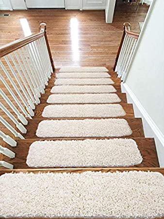 Soft Shaggy Carpet Stair Treads NON-SLIP MACHINE WASHABLE Mats/Rugs, 22x67cm, 30mm Thickness (Cream, 13)