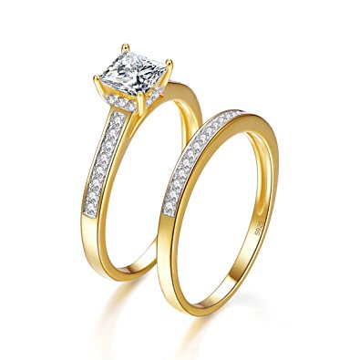 BONLAVIE 1.35ct 18k Gold 925 Sterling Silver Anniversary Bridal Wedding Band Engagement Ring Sets