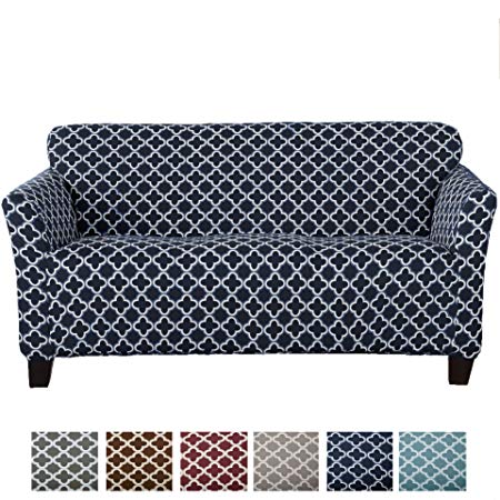 Home Fashion Designs Printed Stretch Sofa Furniture Cover Slipcover Brenna Collection, Navy