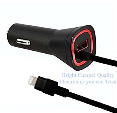 BRIGHT CHARGE! MFI CERTIFIED, 2.4 AMP LIGHTNING CAR CHARGER WITH ADDITIONAL USB PORT. IPHONE 6/6S, IPHONE 6/6S PLUS, IPHONE 5/5S/5C, IPHONE SE, IPAD MINI/AIR, RAPID CHARGE, LIFETIME WARRANTY