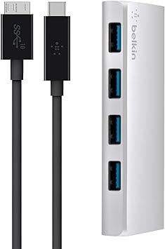 Belkin F4U088vf - Hub USB 3.0 de 4 puertos   cable USB-C (5 Gbps, 900mA por puerto, cable de USB-C a Micro-B de 1 m), plateado