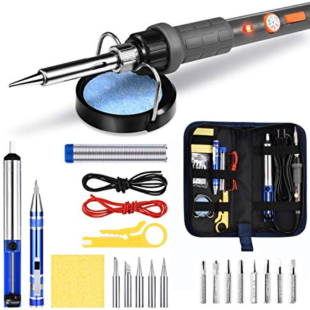 PICTEK Soldering Iron Kit, [Full Set Accessories] [ON/ OFF Switch] [LED Indicator] 220~480℃ Adjustable Temperature Electric Welding Tool with 5pcs Soldering Tips, Screwdriver (8x Screwdriver Bits), Solder Sucker, Solder Wire, Wire Stripper, 2pcs Electronic Wire, 60W 110V