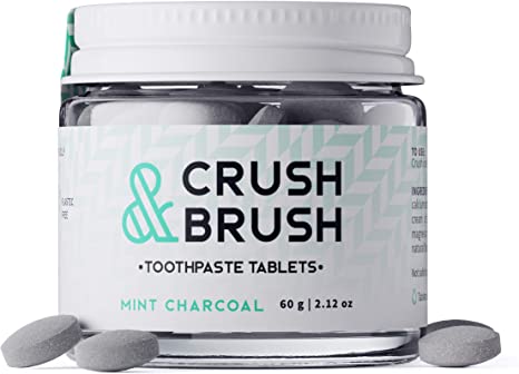 Crush & Brush Toothpaste Tablets- Mint Charcoal GLASS JAR - 60g ~ 80 Tablets