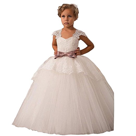 Elegant Lace Appliques Cap Sleeves Tulle Flower Girl Dress White Ivory 1-14 Year Old
