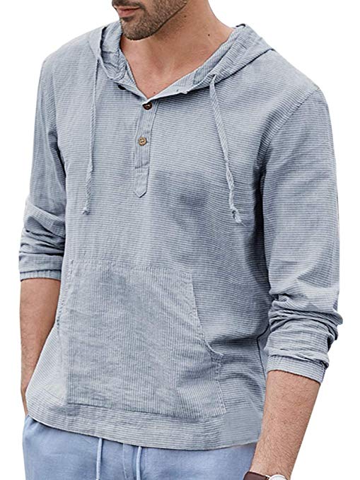 Karlywindow Mens Cotton Linen Hoodie Sweatshirts Long Sleeve Solid Hooded Henley Shirts with Pockets