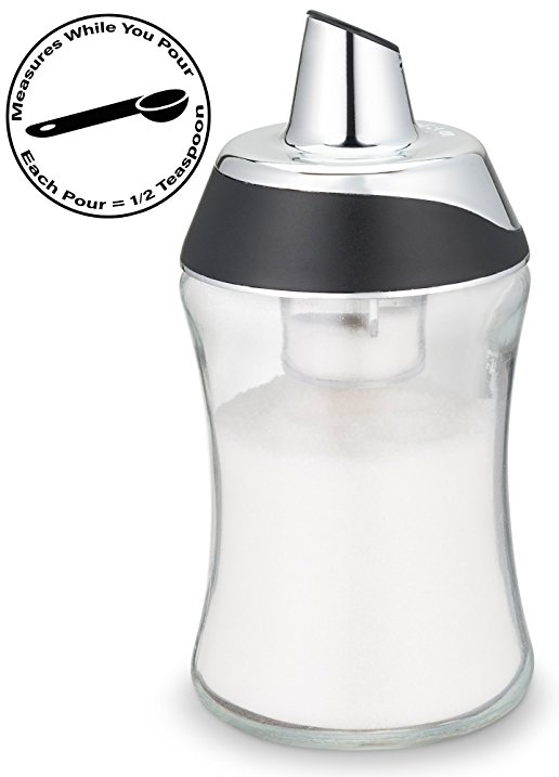 Gourmia GSS995 POUR -N- MEASURE Sugar Dispenser and Container without Pouring Spout - Select Half Teaspoon Per Pour or Free Flow – Clear Glass Jar - 7.5oz – BPA Free - Dishwasher Safe