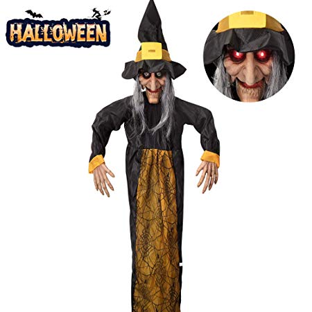 VATOS 57"/145cm Halloween Hanging Talking Witch Decoration with Glowing Eyes, Halloween Deco Party Supplies, Trick or Treat Prop