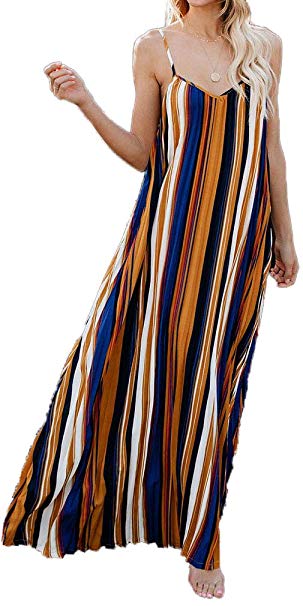 Enggras Women's Striped Spaghetti Straps Suspender Maxi Dress V Neck Loose Long Dress Summer Colorful Sundress Beachdress