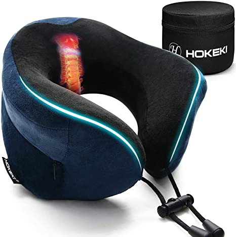 HOKEKI Travel Pillow 100% Pure Memory Foam Neck Pillow, Comfortable & Lightweight, Breathable and Improved Support Design, for Airplanes and Travel (Black Blue)