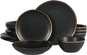 Gibson Elite Kings Road Double Plates and Bowl Organic Round Porcelain Dinnerware Set - Matte Black w/Gold Rim