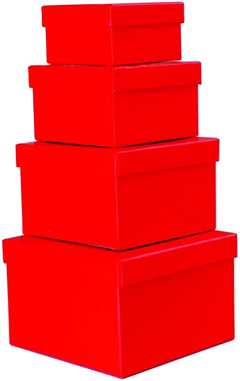 Cypress Lane Square Rigid Gift Box, a Nested Set of 4, 3.5x3.5x2 to 6x6x4 inches (Red)