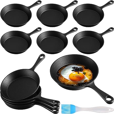 Skylety 10 Sets Mini Cast Iron Skillets Small Black Cast Iron Skillet Mini Sizzling Plate Cast Iron Skillets Mini Frying Pan Cast Iron Set with Oil Brush for Indoor Outdoor Restaurant Kitchen (Round)