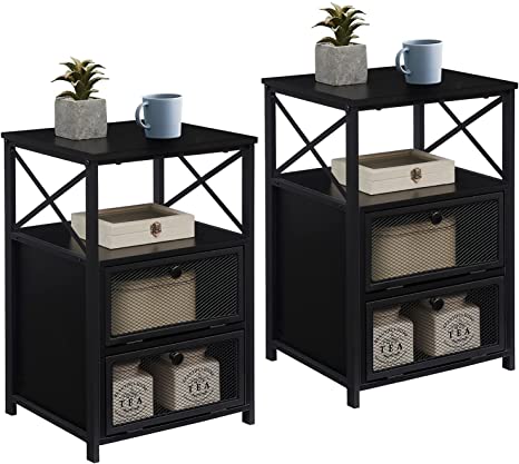 VECELO End Table with flip Drawer and X-Design Side, Modern Style studry Nightstand for Bedroom Living Room Office, Easy Assembly,2 Set, Black, (Set of 2)